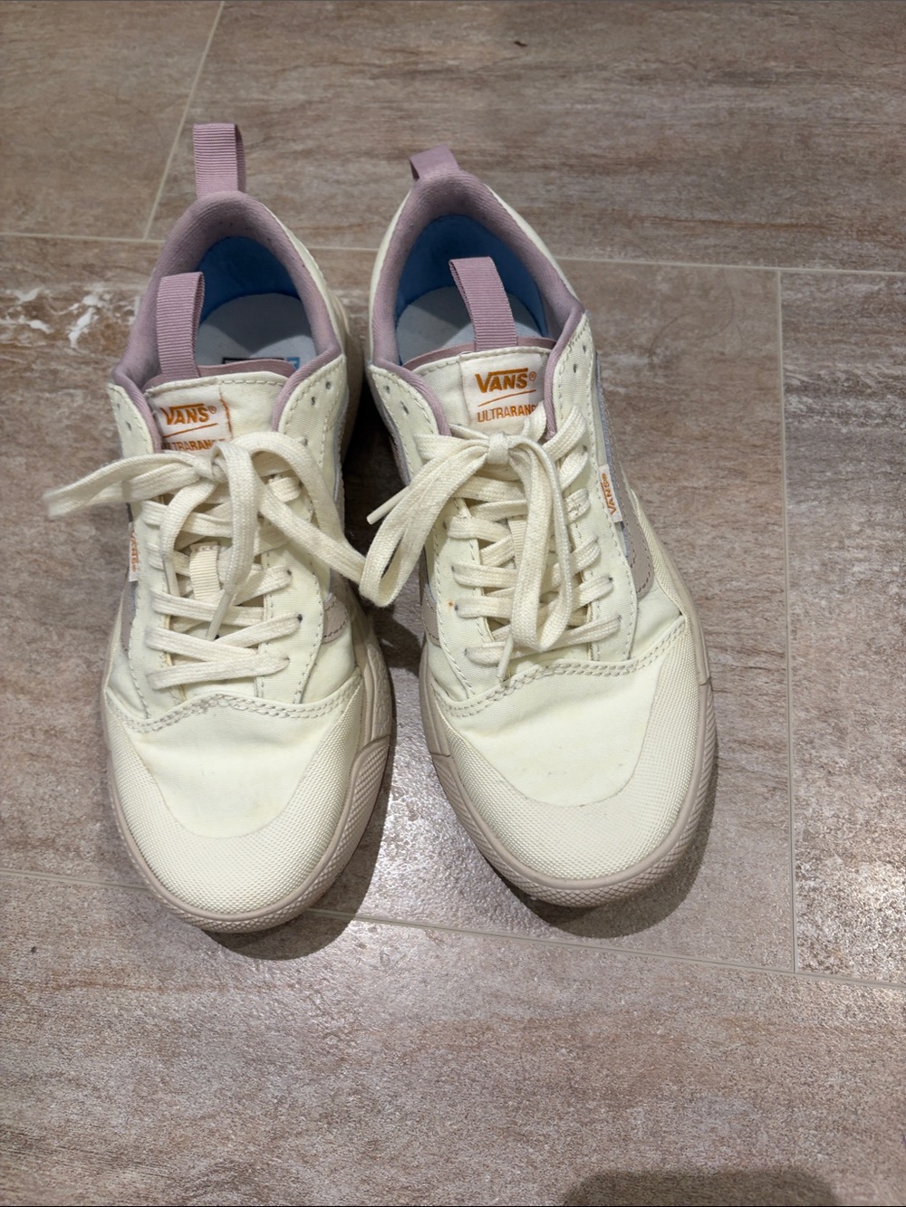 Vans Cream Sneakers with Lavender Heel and Tongue Accents
